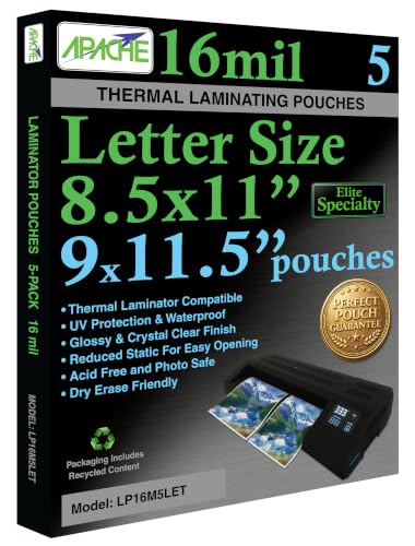 Image of Apache Letter Size Laminating Pouches, 16 Mil, 5 Pack, Holds 8.5x11 Inch Projects (9x11.5 inch Pouch Size), Thermal Laminator Compatible Laminating Sheets, Clear, Round Corners, Elite Specialty Line