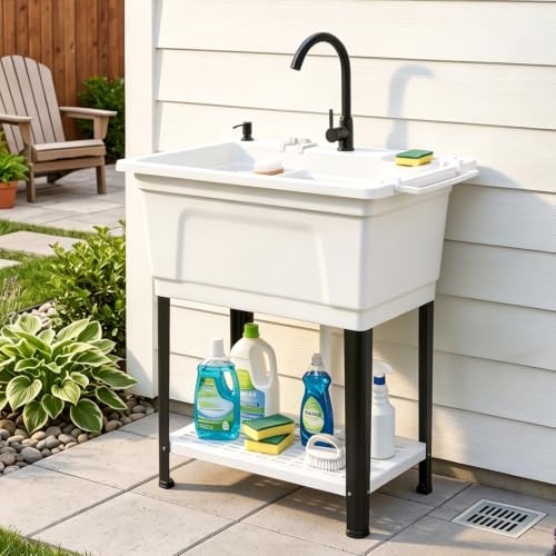 Image of Vingli Freestanding Utility Sink with Faucet, 36 inch Heightened Basin for Laundry, Garage, Outdoor Garden, Pet Wash, Heavy Duty Plastic Laundry Tub with Storage Shelf (White, 32 inchLx24 inchWx36 inchH)