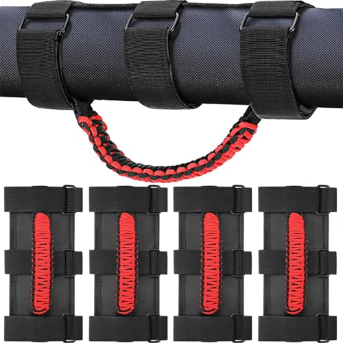Image of moveland Upgrade 4 Pack Roll Bar Grab Handles Compatible with Jeep Wrangler UTV, Deluxe Roll Bar Grab Handles Easy-to-fit for 1987-2023 TJ YJ JK TJ Models (Red)