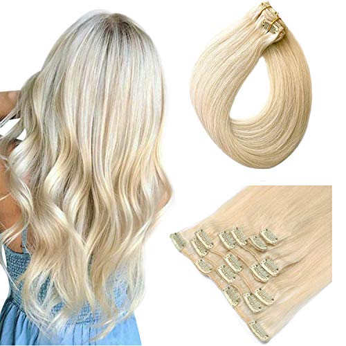 Clip in Human Hair Extensions 70g 7pcs Silky Straight Remy Human Hair Extension 22 Inch Platinum Blonde