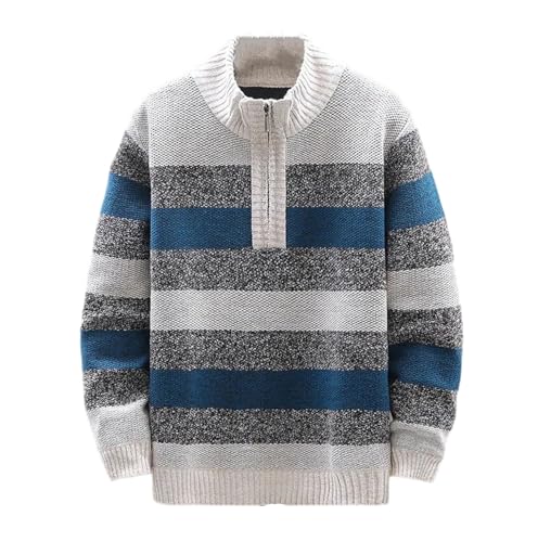Men's Knit Sweater Stand Collar Half Zip Pullover Striped Thick Fleece Casual Warm Fall Winter Top
