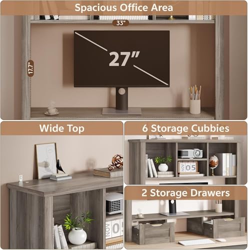 Image of Desk Shelf with Computer Monitor Stand, 37.4''W Desktop Bookshelf Display Rack, Desktop Organizer Storage Rack with Cubbies & Drawers, 5-Tier Hutch for Home, Office, Dorm, Vanity, Grey