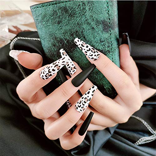 editTime Super Long Rainbow Fake Nails Gradient Color Coffin Glossy or Matte Press on Ballerina Acrylic Extra Long False Nails Leopard Cows Fingers Nails (Matte, black)