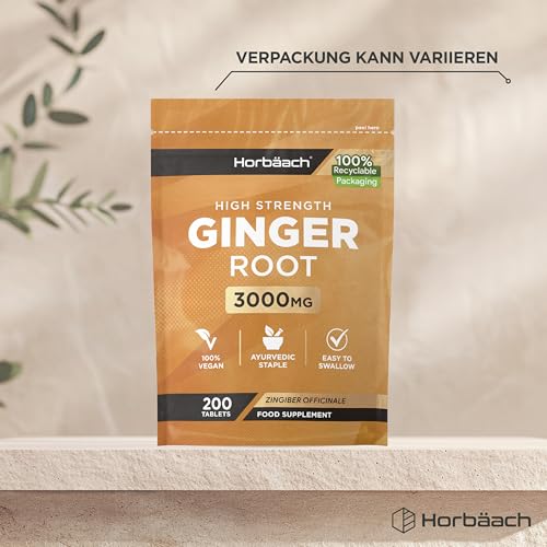 Ingwer Tabletten 3000mg Tagesdosis | 1000mg Zingiber Officinale pro Stück | Ingwerwurzel extrakt | 200 Vegane Stück | Ginger Root | von Horbaach