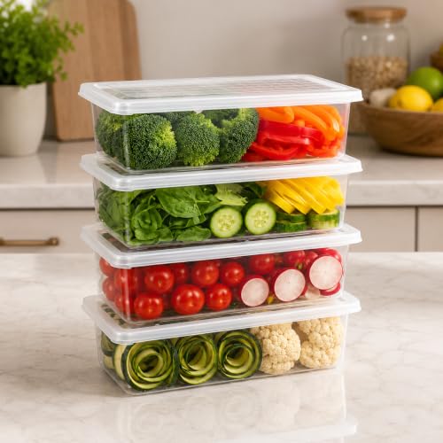 Image of Stewit Food Storage Container with Removable Drain Plate and Lid, 1500ml Clear Plastic Produce Keeper and Fridge Organizer Box for Fresh Meat, Fruits, and Vegetables (Pack Of 6, 1500 ML)