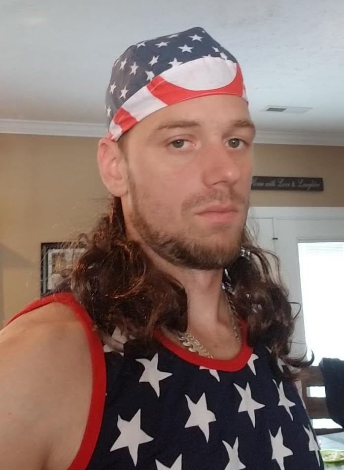 Image of Mullet Wig with American Flag Bandana, 80s Retro Curly Wig for Men & Women, Perfect for 4th of July, Halloween, 80s Themed Parties Cosplay (Light Brown)