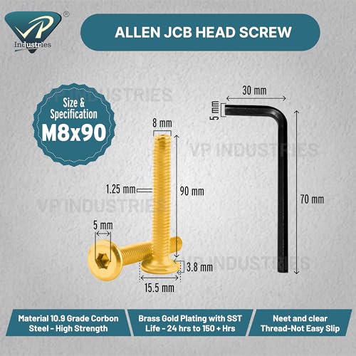 Image of By inchVP INDUSTRIES inch (Pcs-15) M8x90 mm Allen JCB Flat Head Screw Brass Gold Plated High Tensile | Allen key Head Screw for Modular Furniture, Wooden Work, Electrical Fittings, DIY & Industrial Use