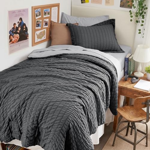Image of HYMOKEGE Dark Grey /Light Grey Twin Comforter Set Seersucker 5 Pieces, All Season Luxury Bed in a Bag for Bedroom, Bedding Set with Comforter, Sheets, Pillowcase & Sham