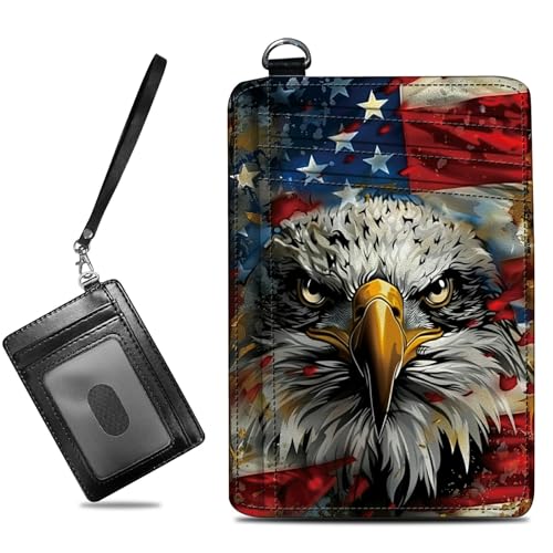 Image of Small Travel Wallets, Eagle American Flag Slim Minimalist Front Pocket Wallet with Wristlet, RFID Blocking PU Leather Credit Card Holder with ID Window Change Purse for Men Women