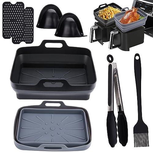 shirylzee Silikon-Luftfritteusen-Einlagen, 8 Stück, Zubehör für Ninjas Dual Air Fryer AF300UK, AF400UK & 7,6L-9,5L, wiederverwendbarer Fritteusenkorb, Silikonmatte/Handschuhe, Bürste und