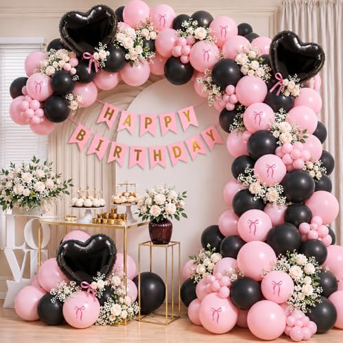 Image of Party Propz Pink Black Happy Birthday Decoration Kit for Girls -27 Pcs, Birthday Decoration Items with Black Heart Foil Balloons, Happy Birthday Banner, Balloons for Birthday, Bday Decor (Cardstock)