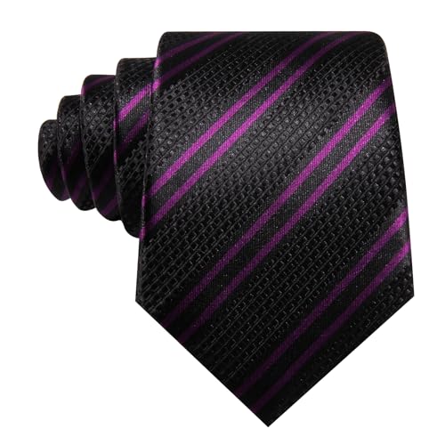 Image of Barry.Wang Man Stripe Ties Set Silk Woven Pocket Square Necktie Cufflinks Formal Party Business, Black Purple