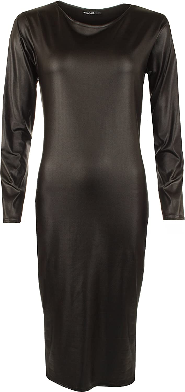 Wearall Women's #Wet Look Plus Size Plain Long Sleeve Bodycon Stretch Midi Dress - Wet Look 16-18