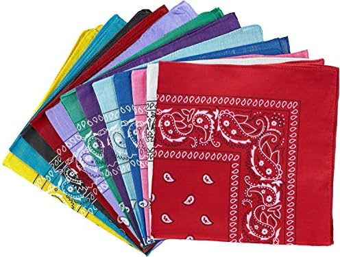 Dozen Paisley Bandanas, Multi Colored Set of Cowboy Bandanna Head Scarf, Double Sided 100% Cotton