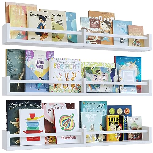 Image of White Nursery Bookshelves,32Inch, Floating Nursery Shelves - Set of 3 - Book Shelf Organizer for Baby Nursery Room Decor, Wall Shelves for Kitchen Spice Rack, Pine