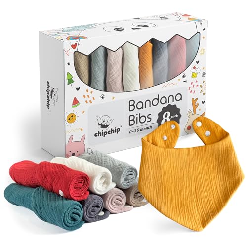 Image of CHIPCHIP 8-Pack Baby Bibs for Drooling and Teething, 100% Cotton Muslin, Bandana Style, Soft & Absorbent, Unisex Bibs for Boys & Girls, Fits Newborns to Toddlers, 0-36 Months