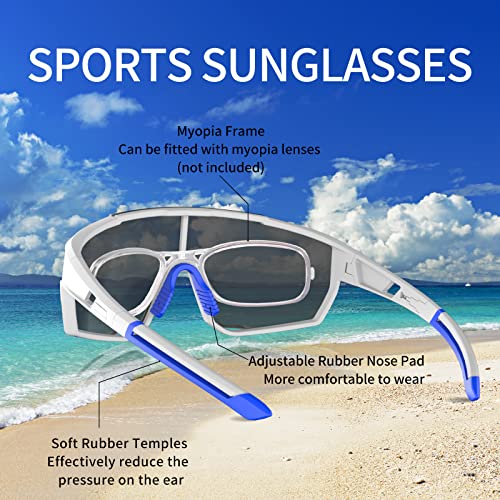 Polarized Baseball Sunglasses For Men Women Cycling Glasses Mtb Glasses Sport Sunglasses With 5 Lenses, Uv400 Protection Lightweight Eyewear For Fishing Driving Running, White Frame & Blue Lens #TOP2