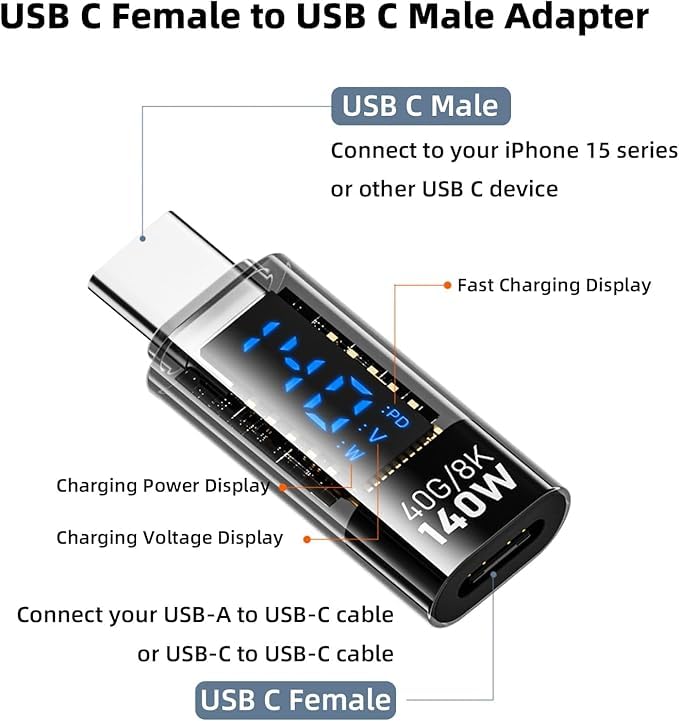 Image of Wefly 1 Pack USB-C Adapter with LED Display, PD 140W USB Type C Male to Female Connector for i /Phone 15 Series, i /Pad Air /Pro, Mac /Book, Support Voltage and Power Smart Display & 40Gbps Data Transfer