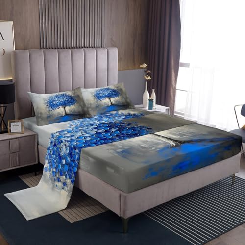 Blue Tree Branches Pattern Sheet Set Twin Size Kids Leaf Branches Sheets with Deep Pocket Fitted Teens Fallen Leaves Bed Set Breathable Soft Lightweight Microfiber Botanical Room Decor Mattress Cover