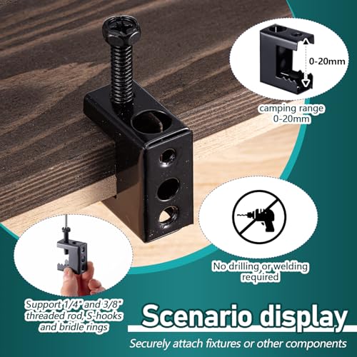 Image of Tandefio 5 Pcs 1 /4 inch-20 Spring Steel Beam Clamps Metal Beam Hangers Bolt on Clamp for Installation on Beams 1 /4 inch and 3 /8 inch Threaded Rod, S Hooks Bridle Rings for Pipe Cable Woodworking Tool (Black)