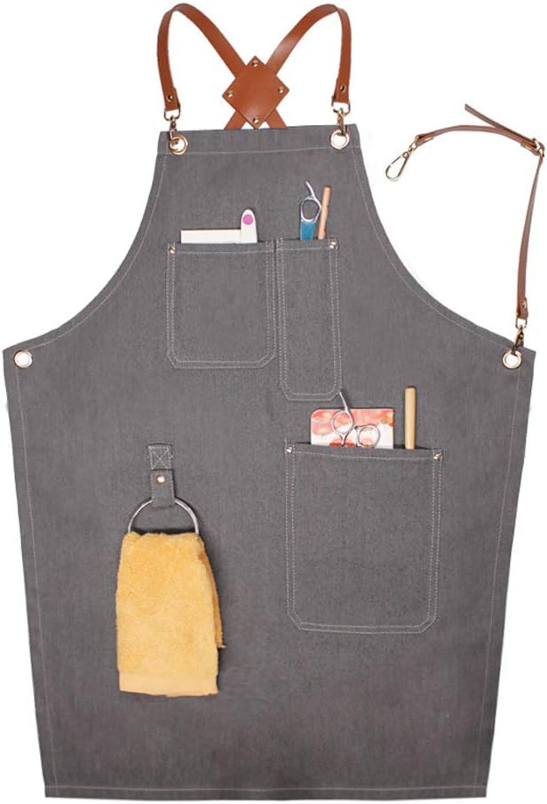LANDY Adjustable Denim Bib Apron, Work Smock Jean Apron for Men & Women Salon Barber Hairdressers BBQ Grill Housewife