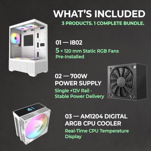 Raidmax i802 Vibe Series ATX Mid Tower Gaming Case Bundle – Tempered Glass Side Panel, Includes 700W 80+ Power Supply, AM1204 Digital Display Air Cooler, and 5 Pre-Installed FRGB Fans (White)