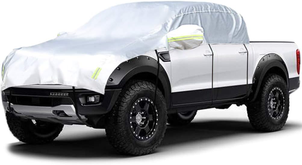 Half Car Cover with Cotton All Weather Car Body Covers Outdoor Indoor for All Season Waterproof Dustproof UV Resistant Snowproof Universal (Pickup (Crew Cab))