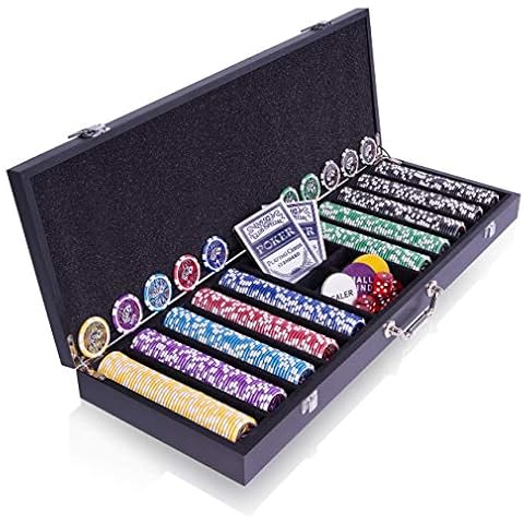 Holz-Pokerkoffer „Wooden Black Edition” 500 abgerundete Ocean-Champion-Chips Laserchips Poker-Set 2 Kunststoff-Karten Decks Schwarz Texas Holdem Cover