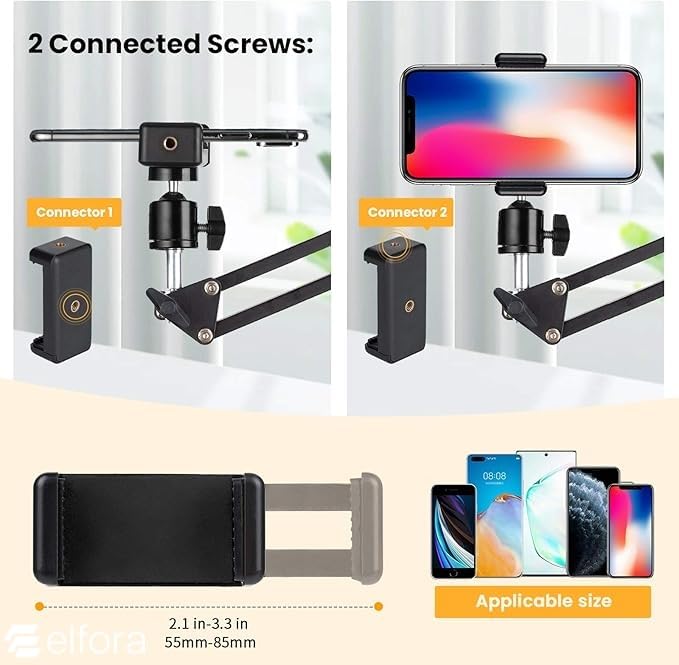 Image of Elfora Adjustable Overhead Mobile Phone Holder with Long Arm for Video Recording, Streaming, Office Use, Cooking, Crafting Videos Compatible with Devices Up to 4-7 Inches (Black)
