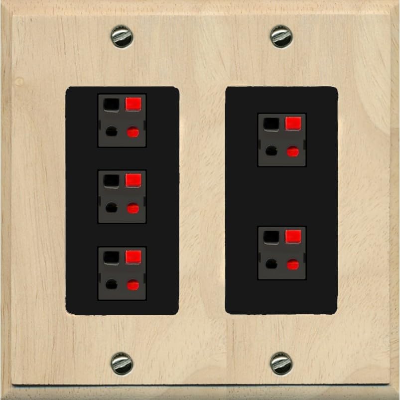 RiteAV 5 Port Speaker Wire Plug Jack Wall Plate - 2 Gang [Wood/Light-Almond]