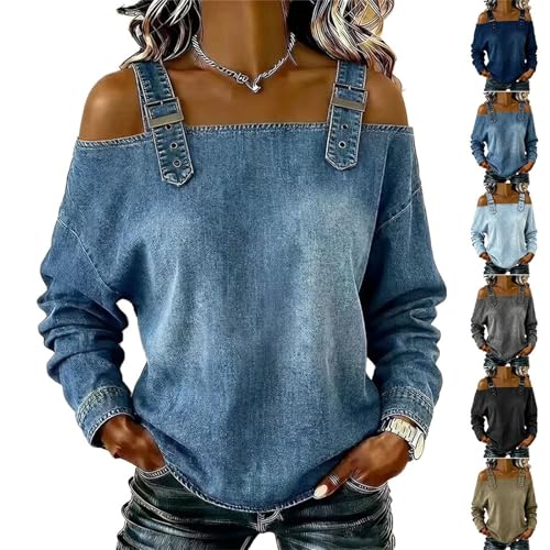 Off Shoulder Tops for Women Denim Cold Shoulder Tops for Women Casual Washed Long Sleeve Buckle Straps Off the Shoulder Strapless Jean Blouses