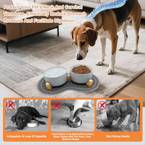Hundenapf Keramik 850ml Doppel Futternapf Hund mit Bambus Ständer und Rutschfestem Matte, Hundenapf Set Erhöht Hunde Napfset, Erhöhte Futterstation Hund 2er Set für Katzen Kleine Mittelgroße Hunde