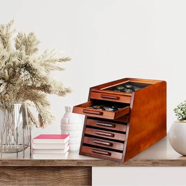 Pocket Knife Display Case Glass Top Display Case Holder Tool Storage Cabinet with Felt Bottom Drawers 7-Tier Pocket Knife Storage for Men Gift