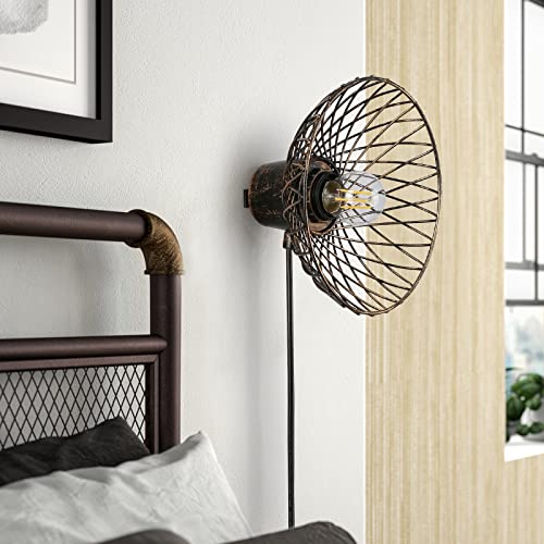Lustorm 1 Farmhouse Bronze Wall Lamp With Plug In Cord, Industrial Ancient Design With Brass Gold Metal Round Lampshade Wall Sconce With Light Fixture E26 Base Lighting For Living Room Hallway #TOP1