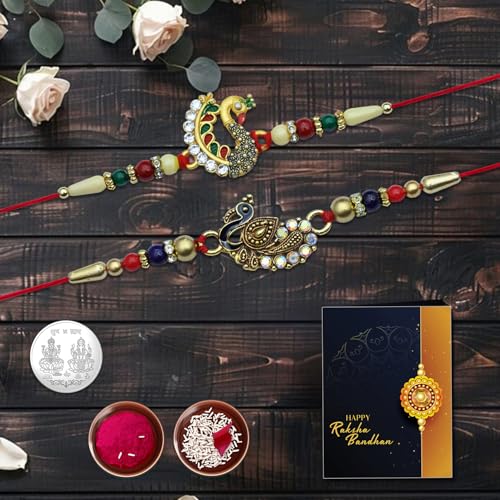 Image of Oblivion Artistic Peacock Rakhi Set of 2 for Brother with Silver Colour Pooja Coin, Tilak Set and Greeting Card for Raksha Bandhan Celebration