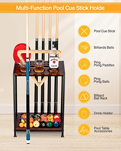Extcct Billiards Pool Stick Holder - Floor Stand Pool Cue Rack With Ping Pong Paddle Holder - Hardwood Pool Cue Organizer For 12 Cues Sticks And Table Tennis Accessories (Brown) #TOP1