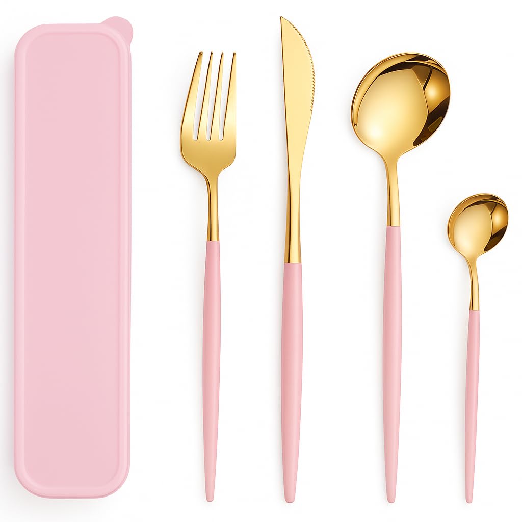4pcs Stainless Steel Cutlery Set with Case - Travel Flatware for Lunch, Camping, School, Picnic, Workplace - Fork, Knife, Spoon Included (Pink)