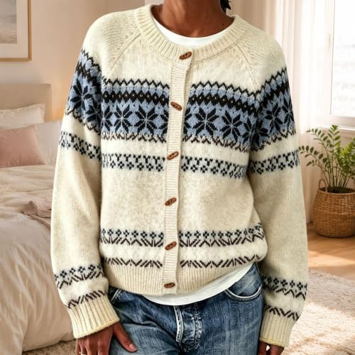 Fair Isle Sweater Women Button Down Cardigan Vintage Long Sleeve Knit Coat - image 2