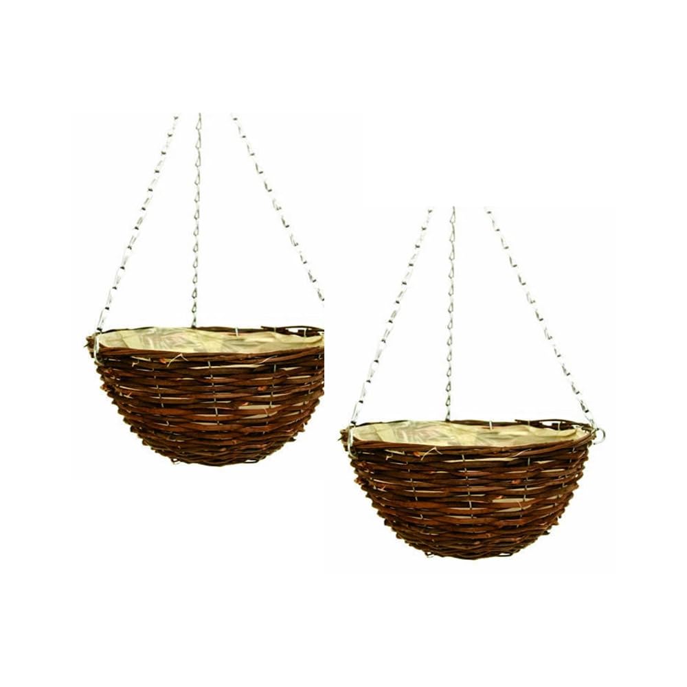 Wicker Basket Planter – Natural Rattan & Willow Flower Pot with Polythene Liner & Metal Hanging Chain – Decorative Indoor & Outdoor Garden Planter for Flowers (Hanging Basket 36cm, 14Inch x 2Pack)