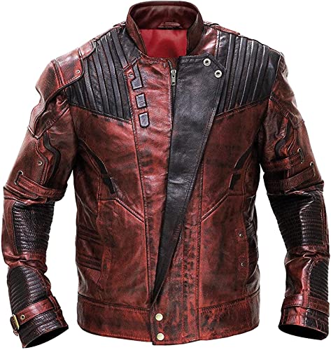 Image of Mens Guardians Superhero Distressed Maroon Star Cosplay Costume Leather Biker Jacket