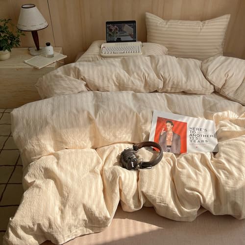Image of mixinni Retro Striped Duvet Cover Set Twin XL Size - 100% Washed Cotton Beige Duvet Cover with Black White Stripes, Soft Breathable 3 Piece Comforter Cover with Zipper Closure & Corner Ties