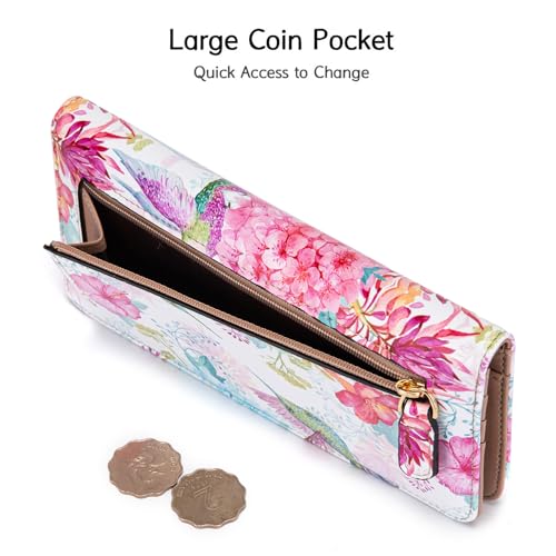 Image of Ultra Slim Thin Leather Women Wallet Rfid Blocking Credit Card Holder Bifold Clutch (Flowers and Hummingbirds)