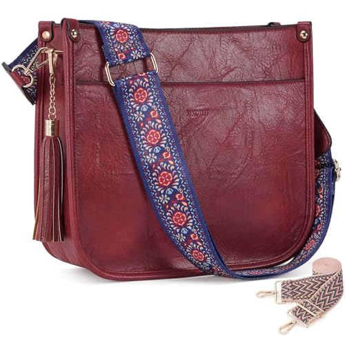 Image of HKCLUF Vegan Leather Crossbody Bags Purse for Women Trendy Tassel Hobo Handbag Women With 2PCS Adjustable Guitar Strap | Vegan Leather
