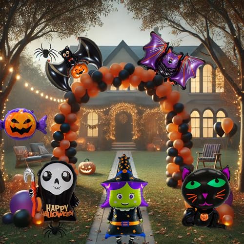 Tedercle Q28 7 Pieces Large Halloween Foil Balloons Decorations Set, Includes Bat, Witch, Pumpkin, Black Cat, Skeleton, Ghost And Spider Designs Mylar Balloons For Spooky Trick-Or-Treating Party Supplies thumb #4