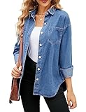 Women Denim Jacket Shacket Long Sleeve Oversize Boyfriend Jean Jacket Shirt, Blue, M