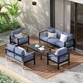Wisteria Lane Aluminum Outdoor Patio Furniture Set, 7 Seats Modern Patio Conversation Sets, Outdoor Sectional Metal Sofa with 5 Inch Cushion and Coffee Table for Garden, Black Frame and Blue Cushion