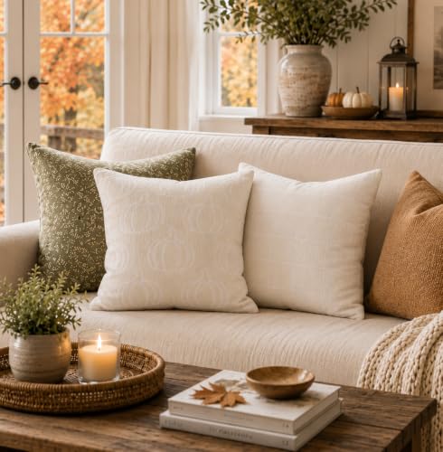 Image of Fall Pumpkin Throw Pillow Covers 22x22 Set of 2, Reversible Jacquard Chenille Cushion Cases Pumpkin Front Plaid Back, Cozy Farmhouse Autumn Decor for Living Room Sofa Couch Bed(Beige,22x22)