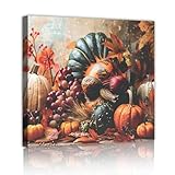 秋の収穫キャンバスプリントカボチャのブドウと葉の写真ウォールアートウォーム素朴なスタイルのアートワークキッチンとダイニングルームの壁の装飾60x60cmインナーフレーム