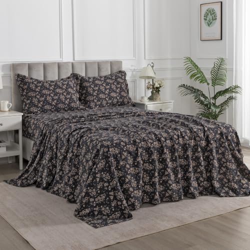 Image of Vintage Dark Floral Muslin Bed Sheets Queen Size Deep Pocket, 4Pcs