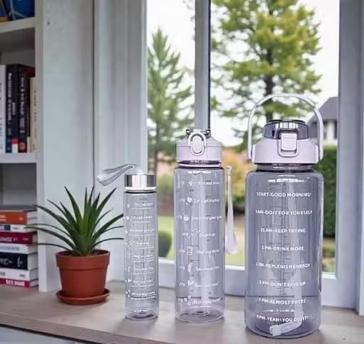 Image of EKAN 3 in 1 Motivational Water Bottles Set 2000 ml, 900 ml, 300 ml Large Capacity Sipper Bottles for School, Office, Home and Gym Use Leak-proof BPA-Free Water Bottles (Purple)